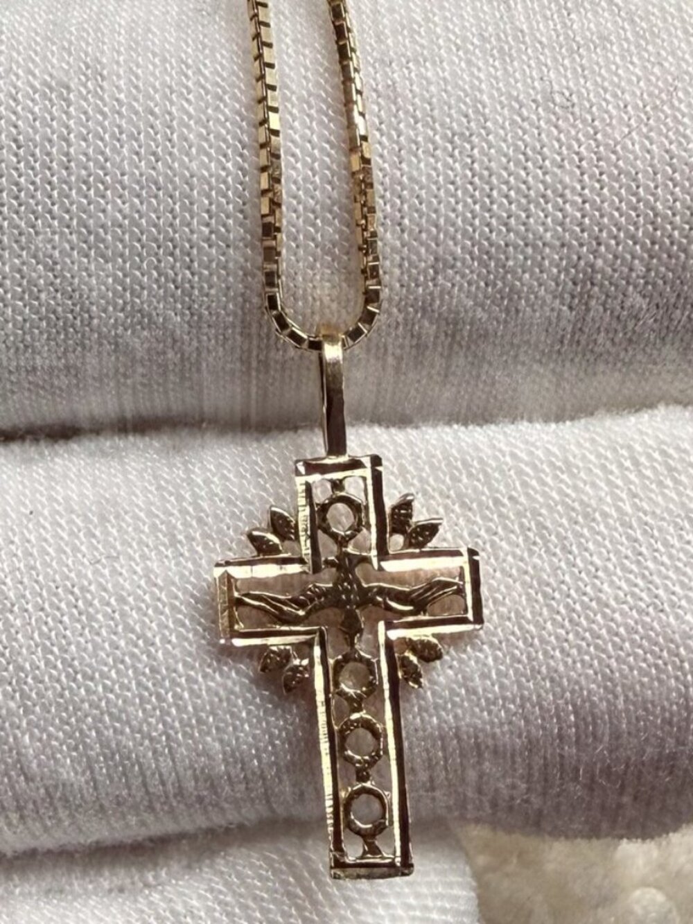 14K Yellow Gold Religious Cross Pendant With 0.8mm Box Chain - 18 inch